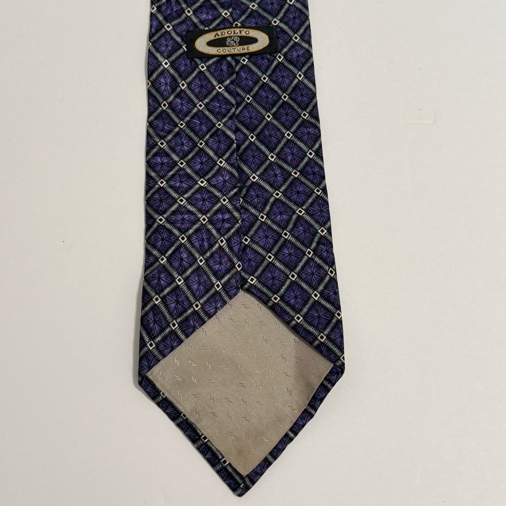 Vintage Adolfo Couture Purple Geometric 100% Silk Necktie Men's Classic Tie - Picture 6 of 9